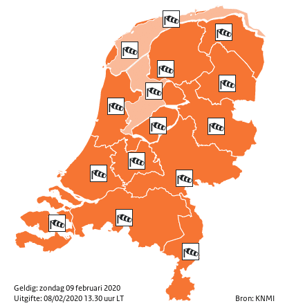 UPDATE – KNMI: Code oranje; Zondag onstuimig met in de middag en avond zeer zware windstoten