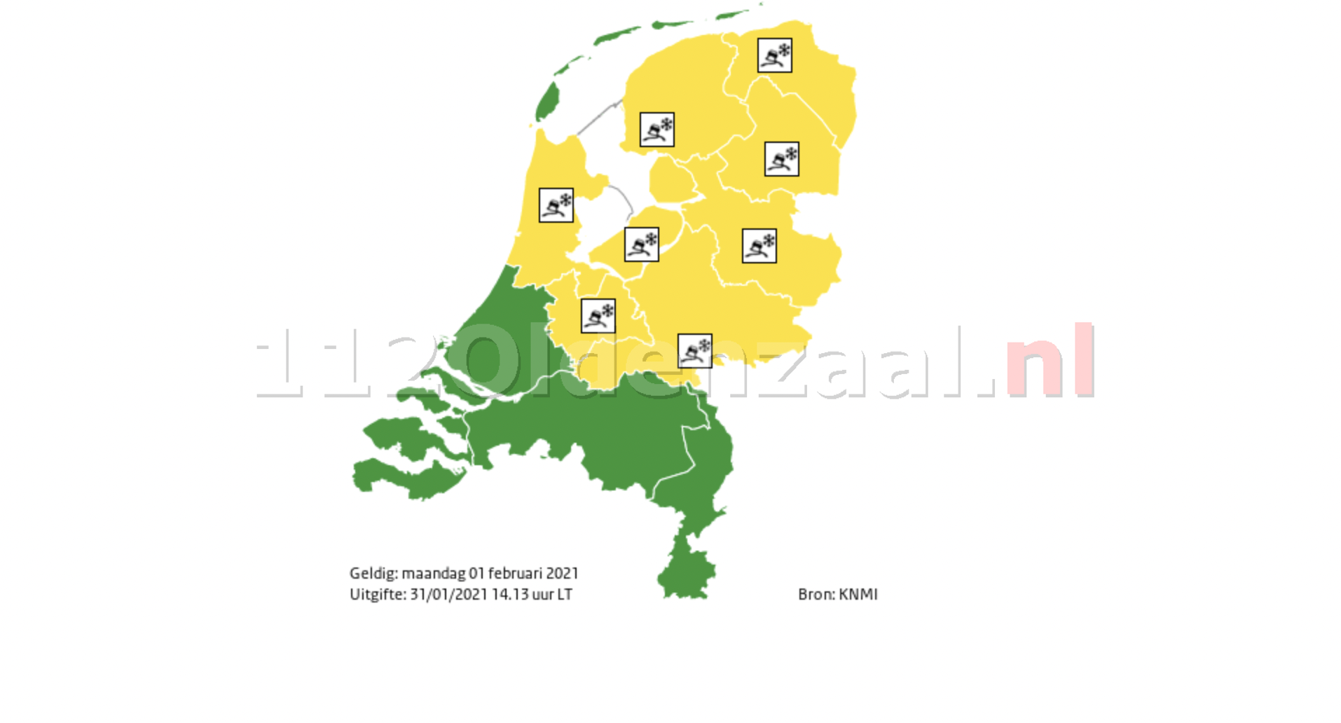 Komende nacht en morgenochtend in de noordelijke helft winterse neerslag, kans op ijzel